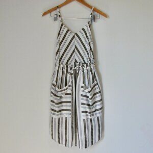 Linen Blend Summer Dress Sleeveless Lauren Vidal White Black Tan Stripe Small
